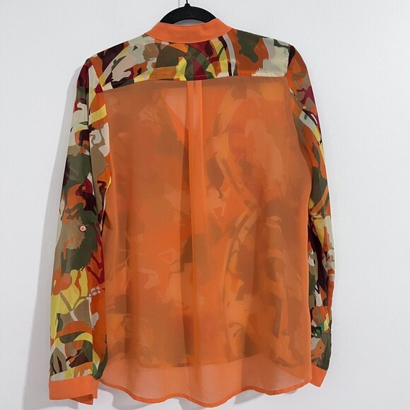 Fun 2 Fun Orange Sheer Top Size L Rolled Tap Long Sleeve Artsy Printed Business - Picture 2 of 5
